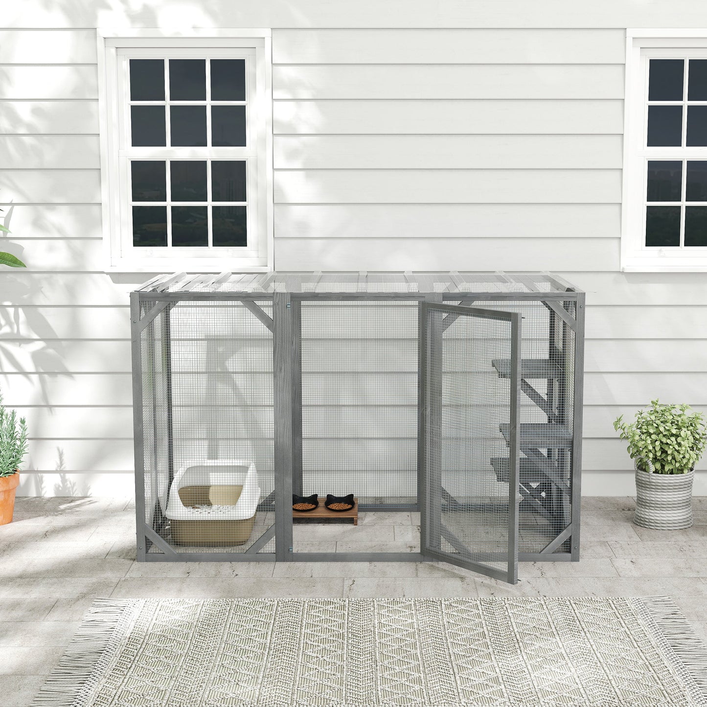 PawHut 71" Wooden Cat House with 3 Platforms, Large Door for Multiple Cats