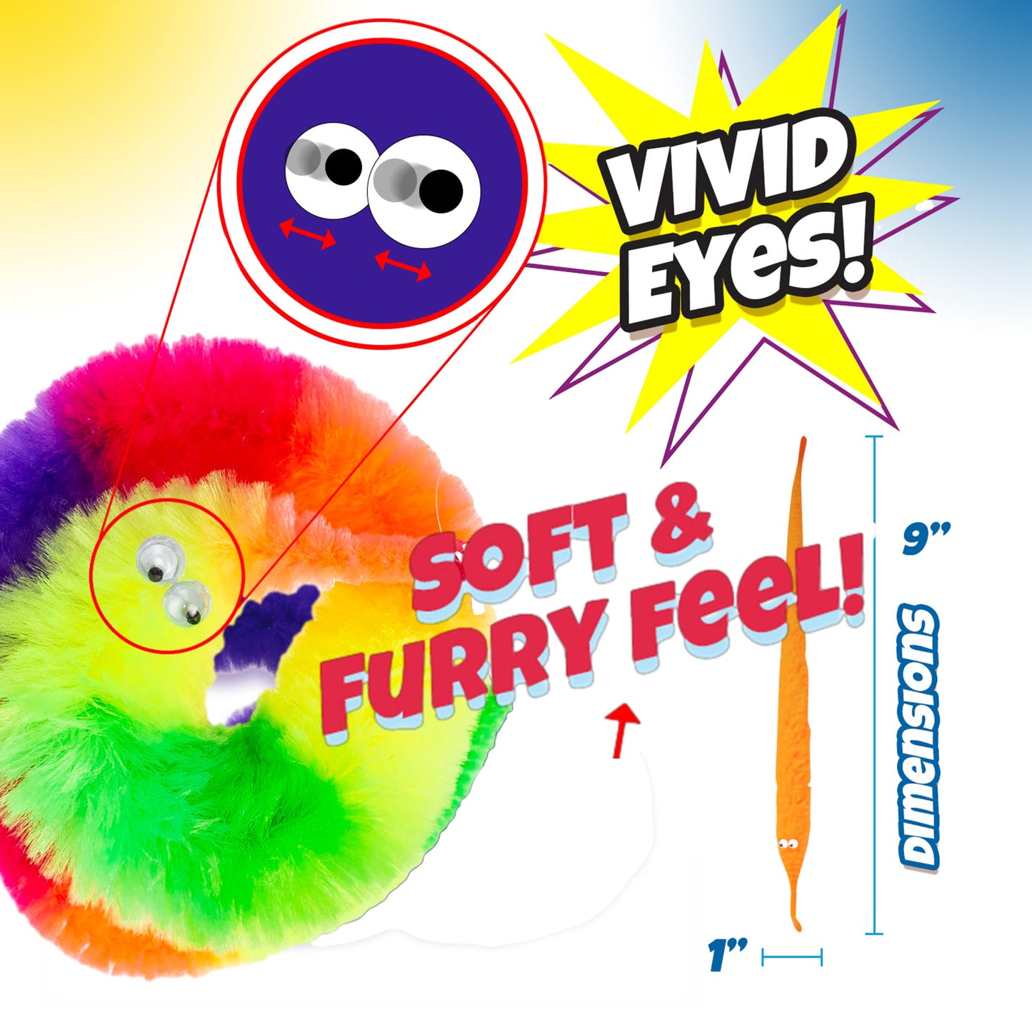 JA-RU Fuzzy Worm Fidget Toy with String Attached – 9in Rainbow Sensory Toy for Kids