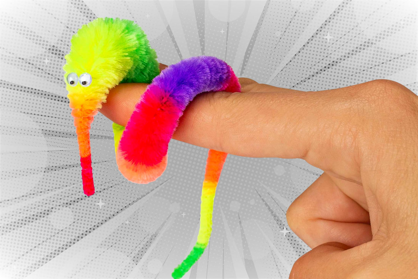 JA-RU Fuzzy Worm Fidget Toy with String Attached – 9in Rainbow Sensory Toy for Kids