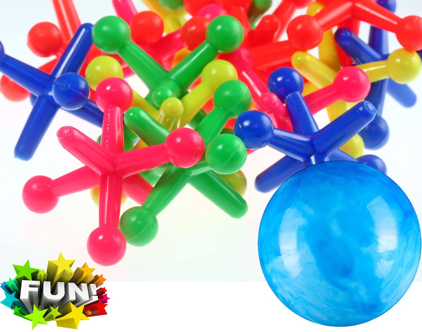 JA-RU Jumbo Jax Set w/Rubber Ball – Rainbow Neon Jacks (24 Jax Set) | Classic Retro Toy