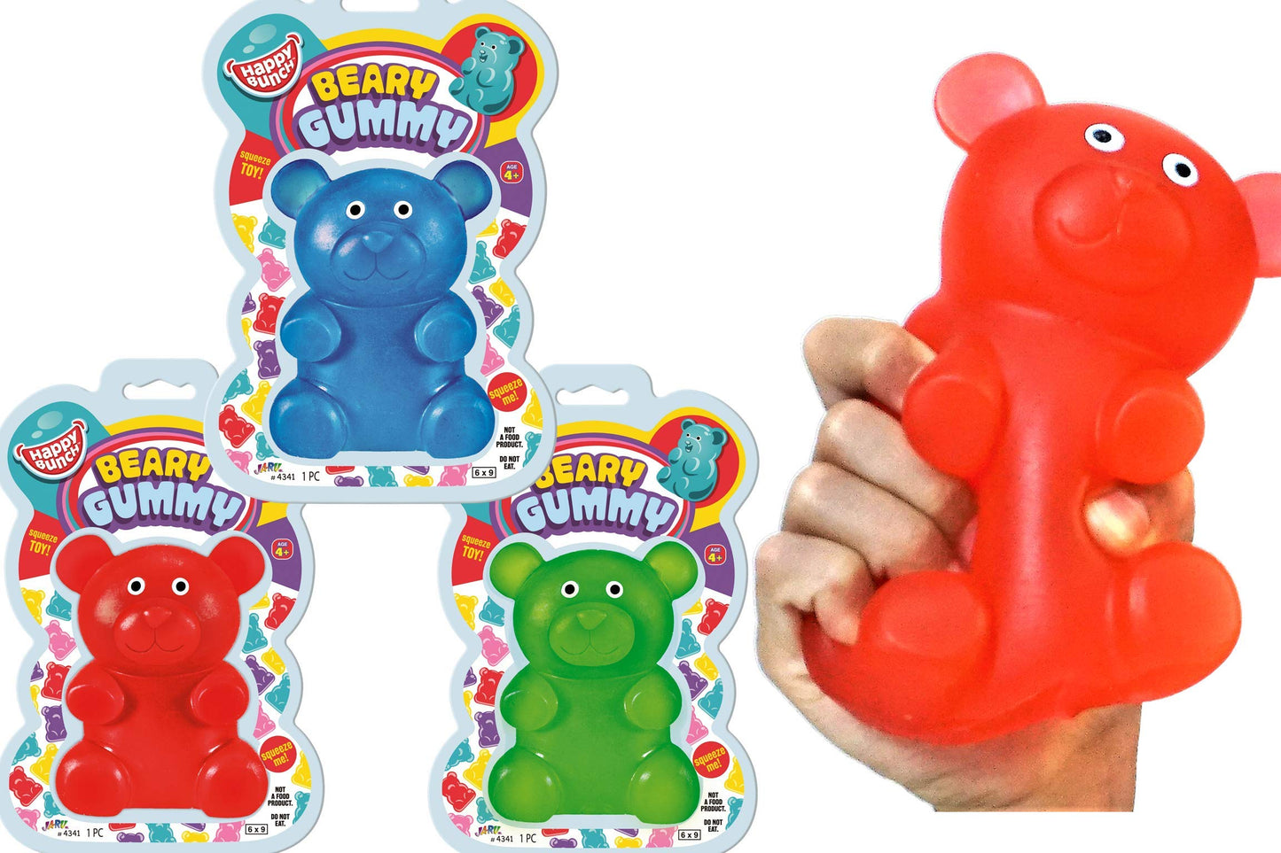 JA-RU Jumbo Gummy Bear Toy – 3-Pack Squeeze & Stretch Sensory Fidgets + Sticker