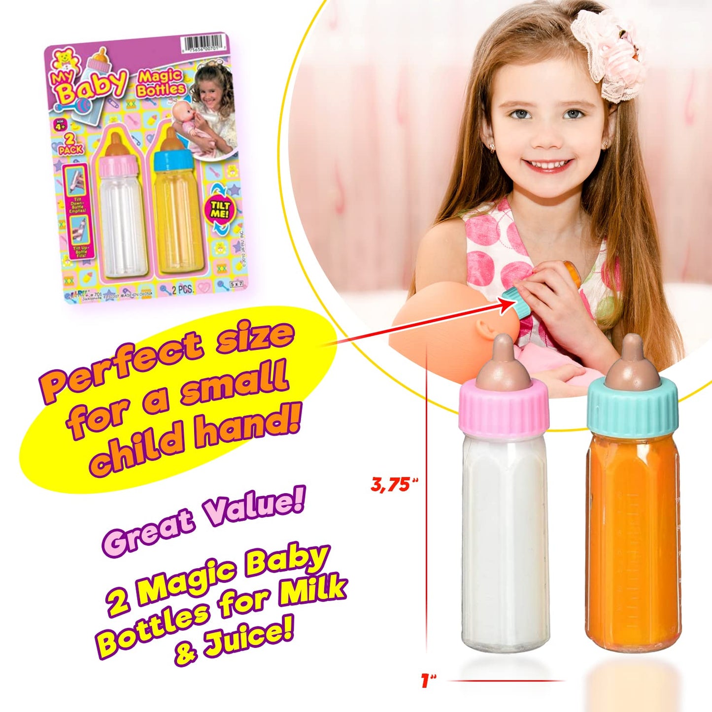 JA-RU Magic Baby Doll Bottles Set – Milk & Juice Bottles, 2-Pack, Realistic Feeding Play