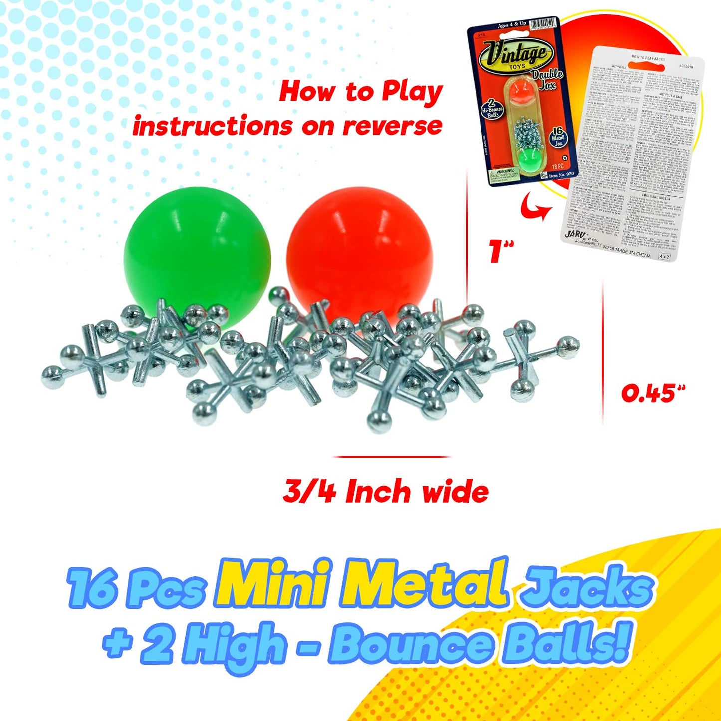JA-RU Vintage Jacks Set – 16 Metal Jax + 2 Balls | Classic Toy for Kids & Party Favors