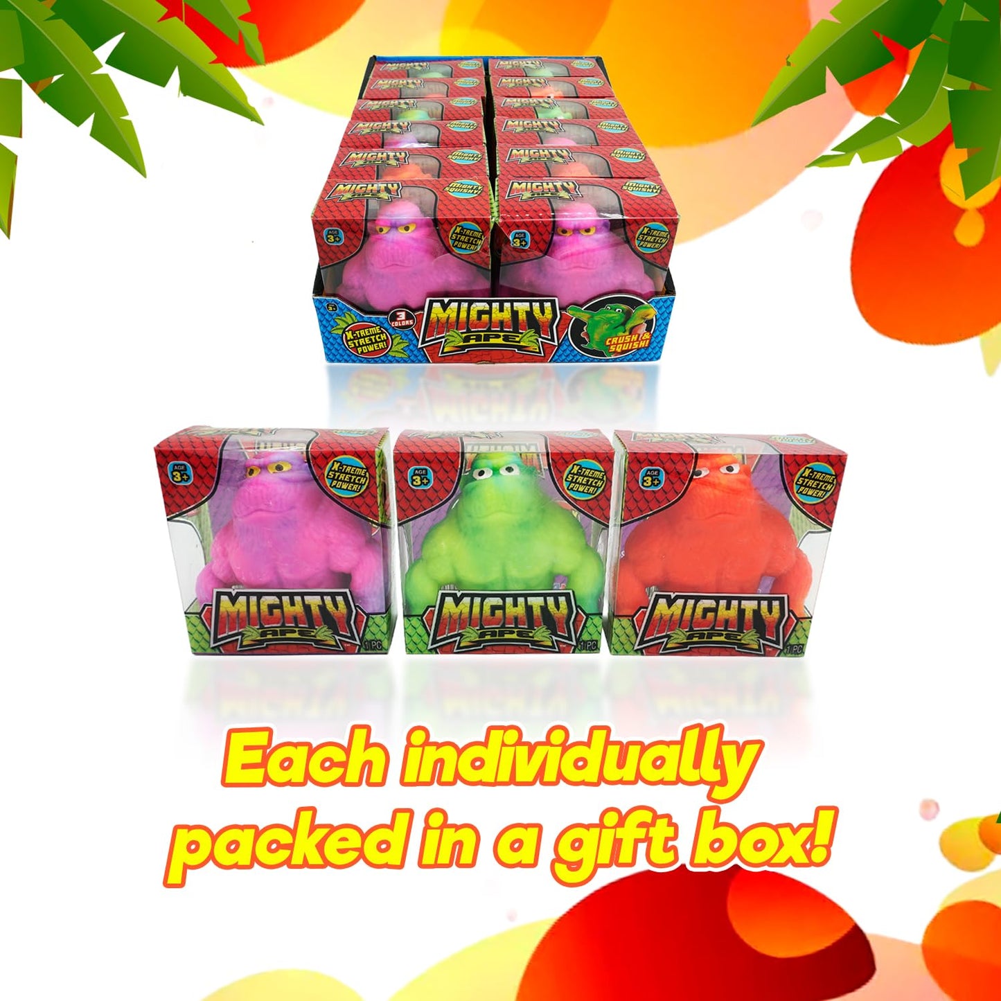 JA-RU Mighty Ape Squishy Toy (Pack of 3) – Extreme Stretch Power, Crush & Squish Gorilla Fidget Toy