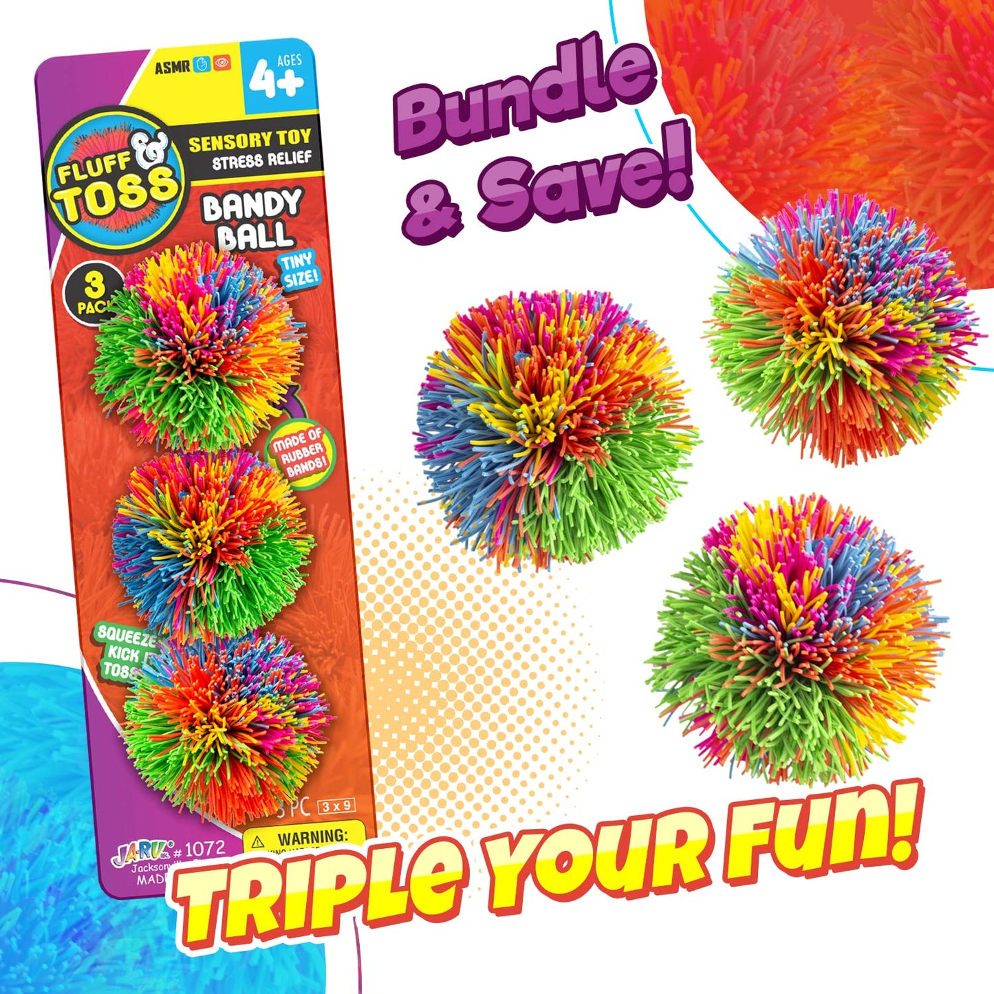 JA-RU Mini Stringy Balls – 3-Count Rainbow Fidget Balls for Kids | Sensory Toys