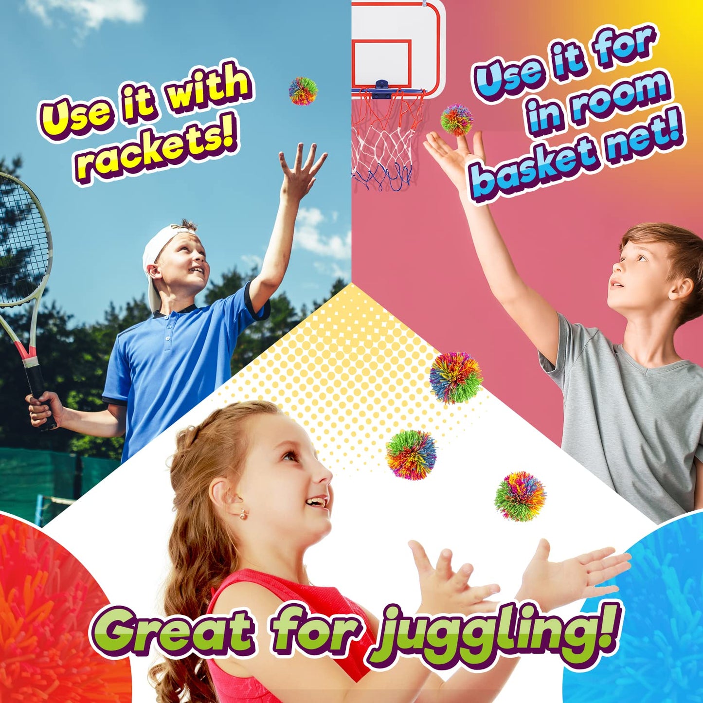 JA-RU Mini Stringy Balls – 3-Count Rainbow Fidget Balls for Kids | Sensory Toys