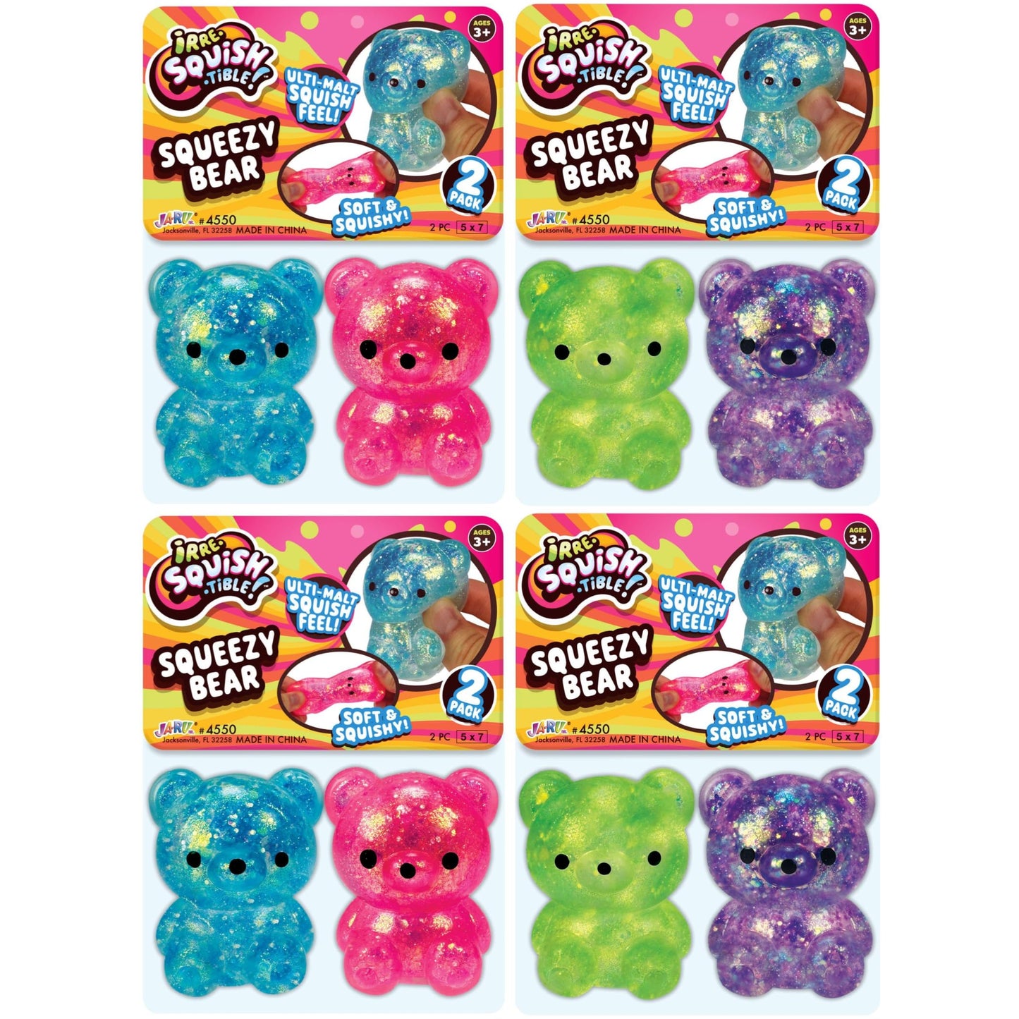 JA-RU Squeezy Bear – Glitter Filled Soft Fidget Toy (4 Packs, 8 Bears)