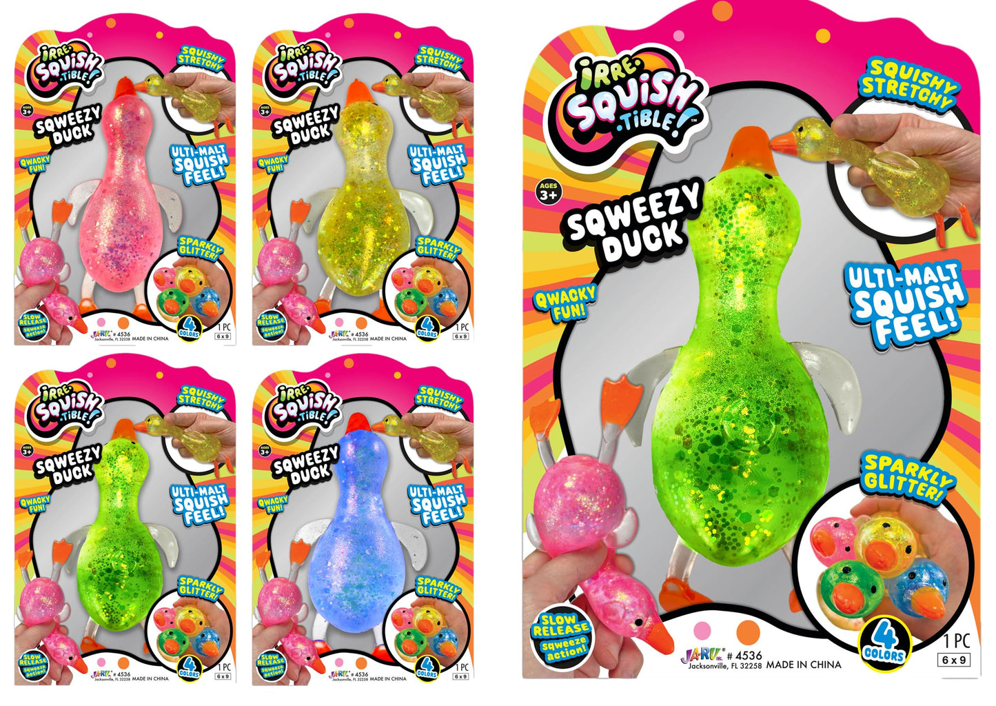 JA-RU Squishy Glitter Ducks – 4 Pack Jumbo Fidget Toys for Stress Relief & Sensory Play