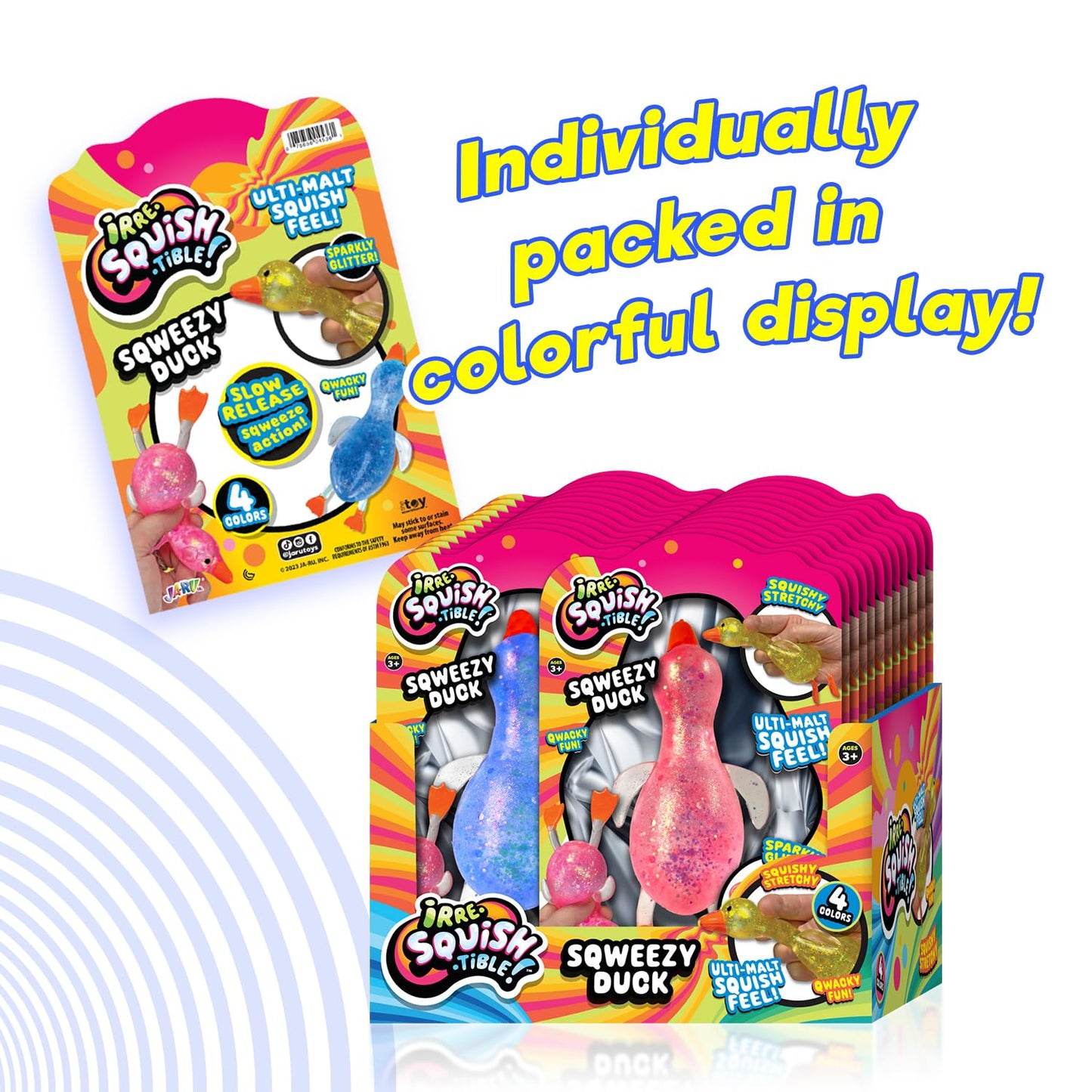 JA-RU Squishy Glitter Ducks – 4 Pack Jumbo Fidget Toys for Stress Relief & Sensory Play
