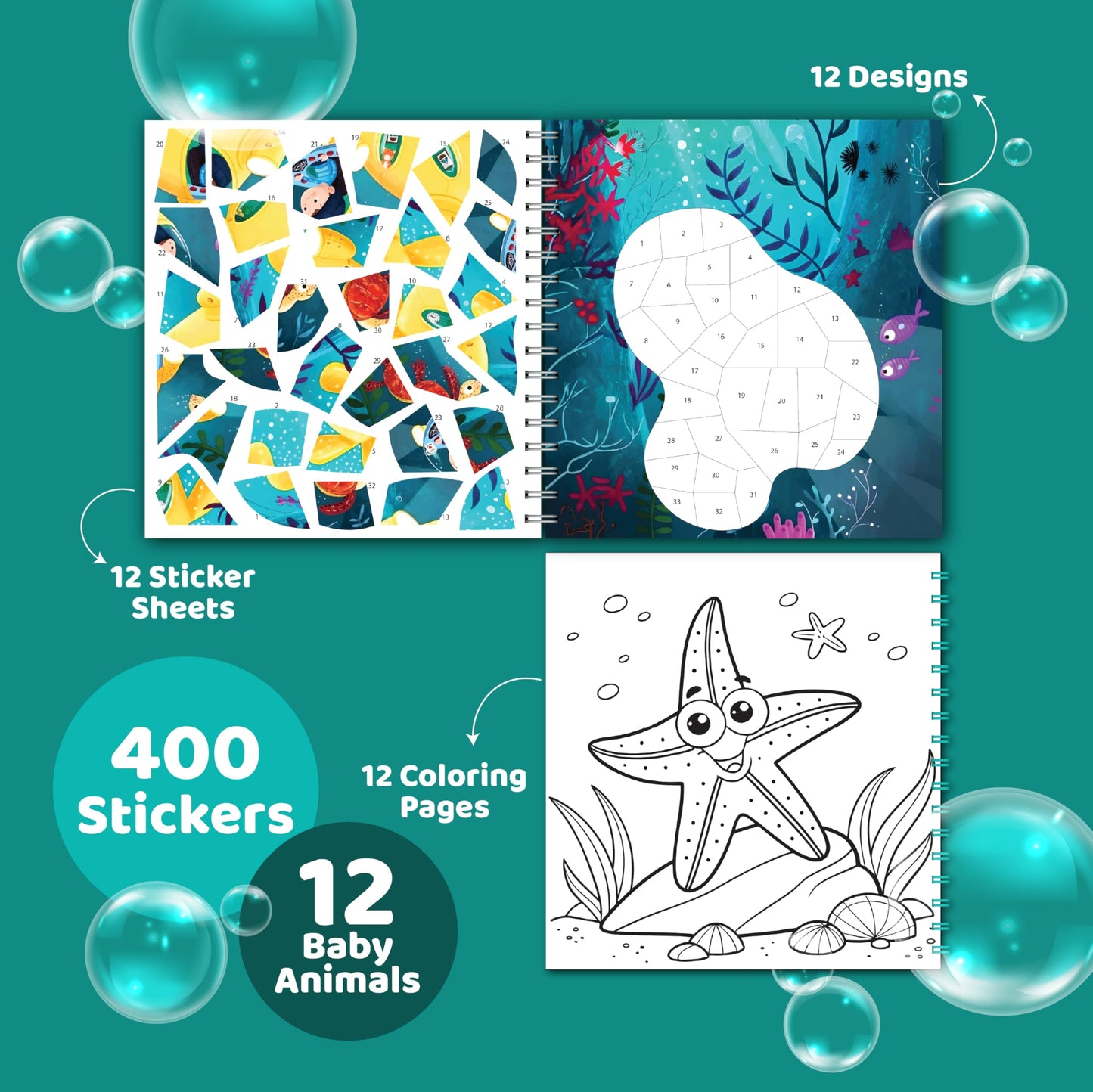 jackinthebox Sticker by Number Book Ocean Theme – 12 Ocean Scenes & Colouring Pages
