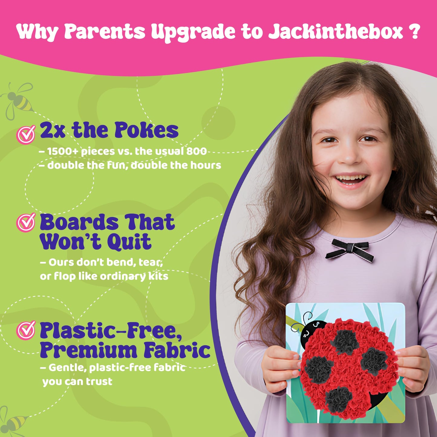 jackinthebox Poke Poke Art Kit – Bugs Theme, Mess-Free Fabric Craft for Kids Ages 4-8