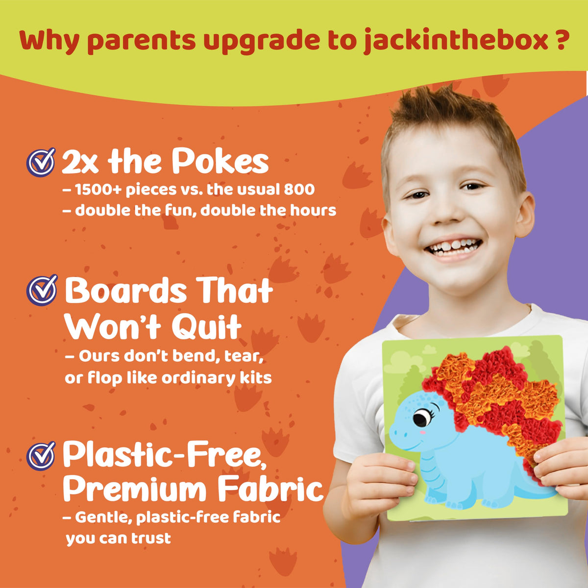 jackinthebox Poke Poke Art Kit – Dinosaur Theme, Mess-Free Fabric Craft for Kids 4-8