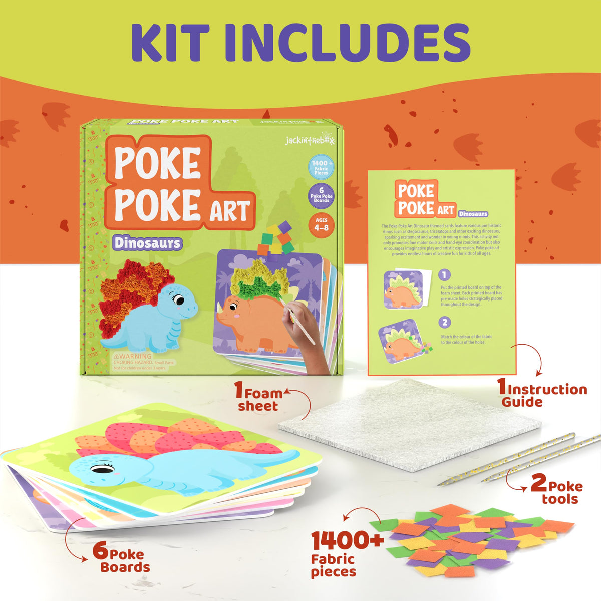 jackinthebox Poke Poke Art Kit – Dinosaur Theme, Mess-Free Fabric Craft for Kids 4-8