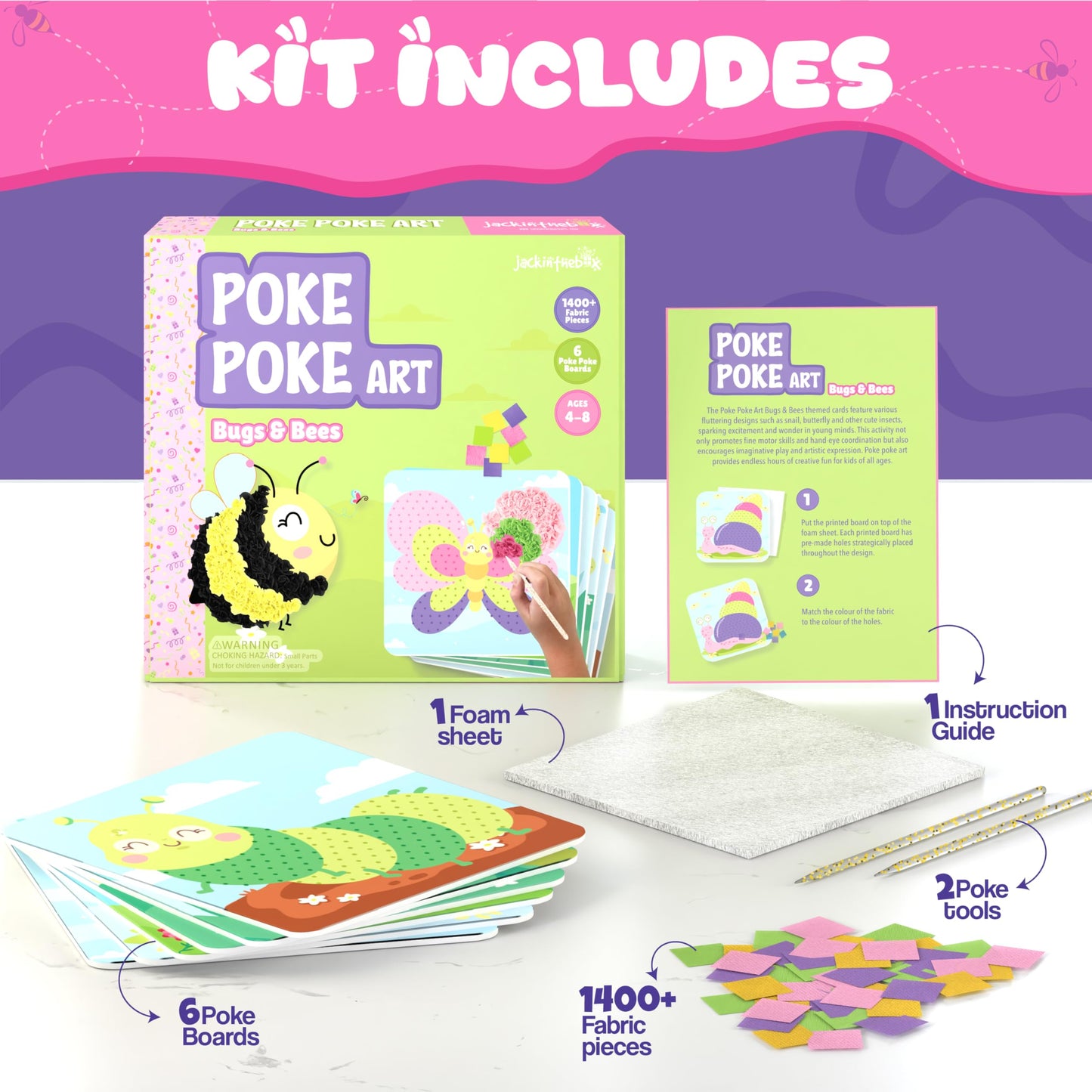 jackinthebox Poke Poke Art Kit – Bugs Theme, Mess-Free Fabric Craft for Kids Ages 4-8