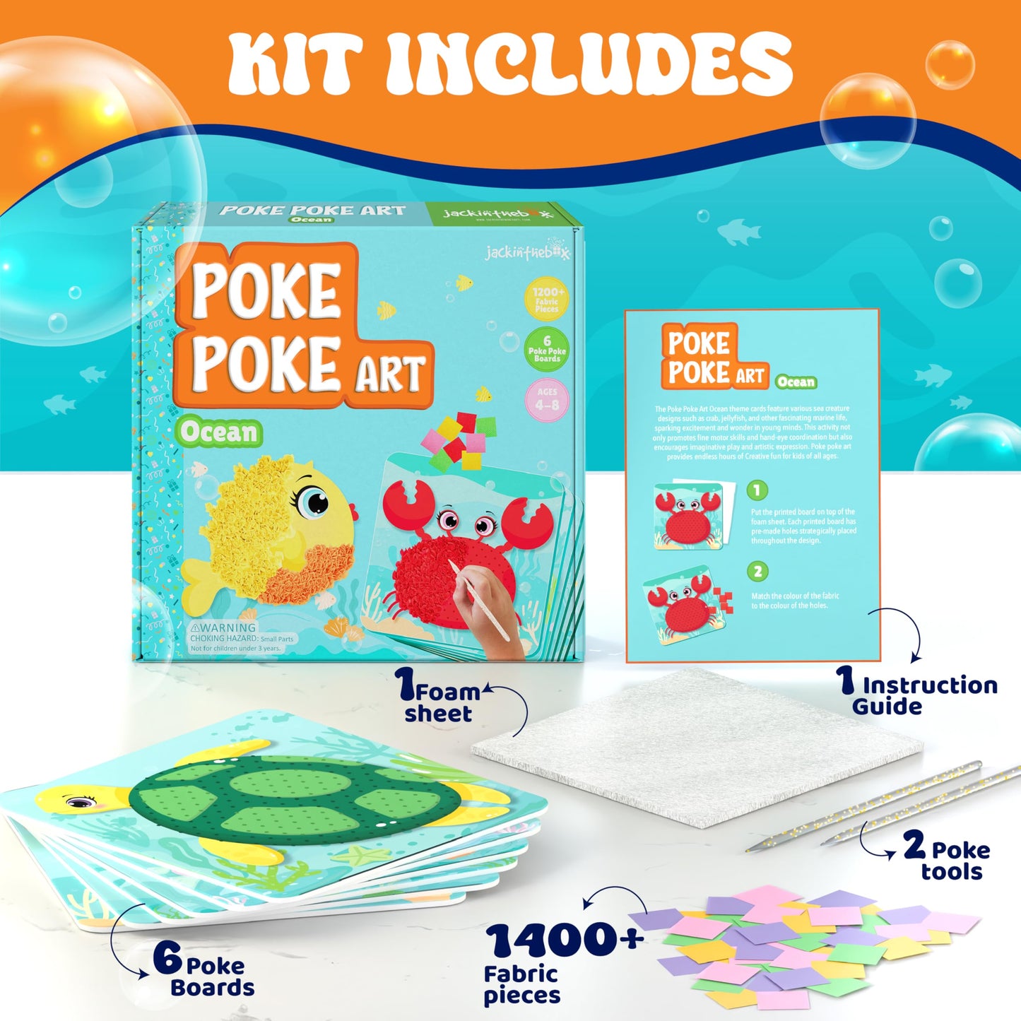 jackinthebox Poke Poke Art Ocean Theme – Mess-Free Fabric Craft Kit for Kids 4–8