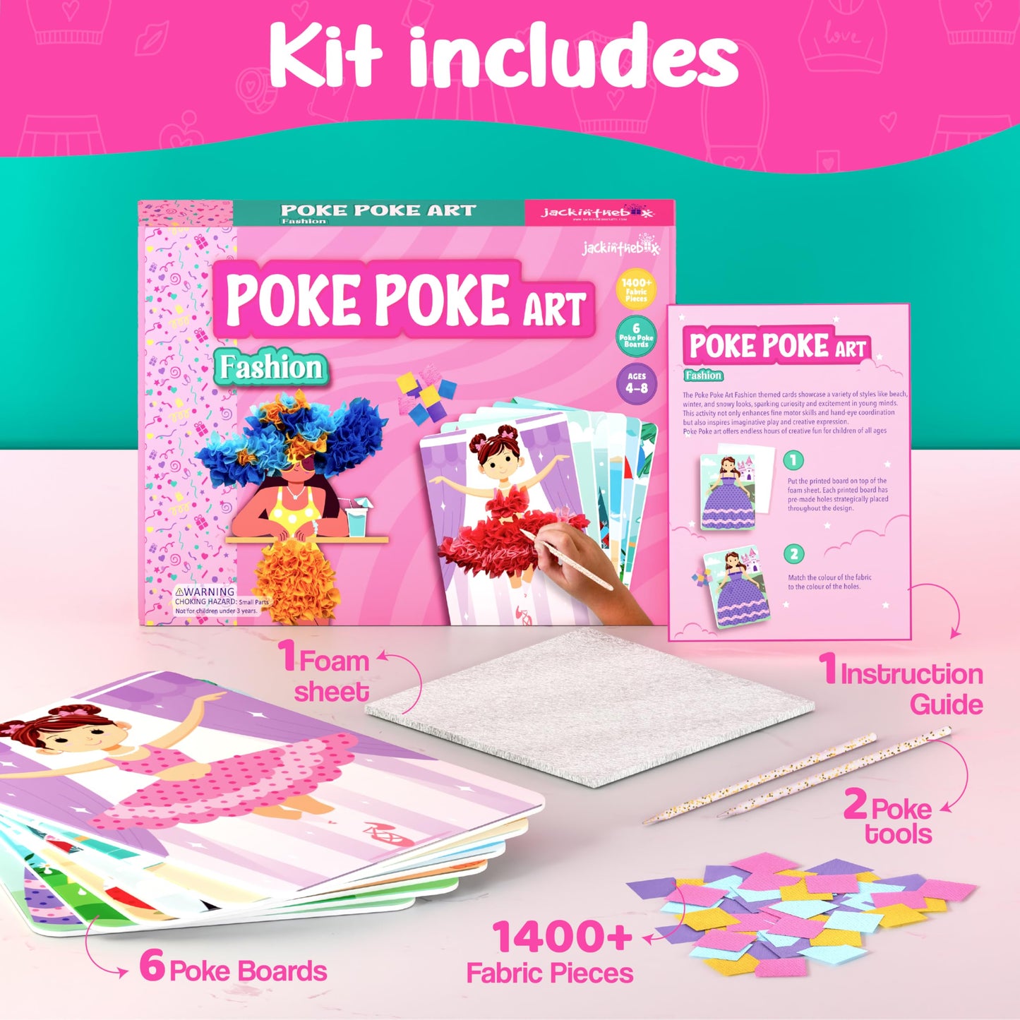 jackinthebox Poke Poke Art for Kids — Fashion-Themed Mess-Free Fabric Craft Kit (Ages 4–8)