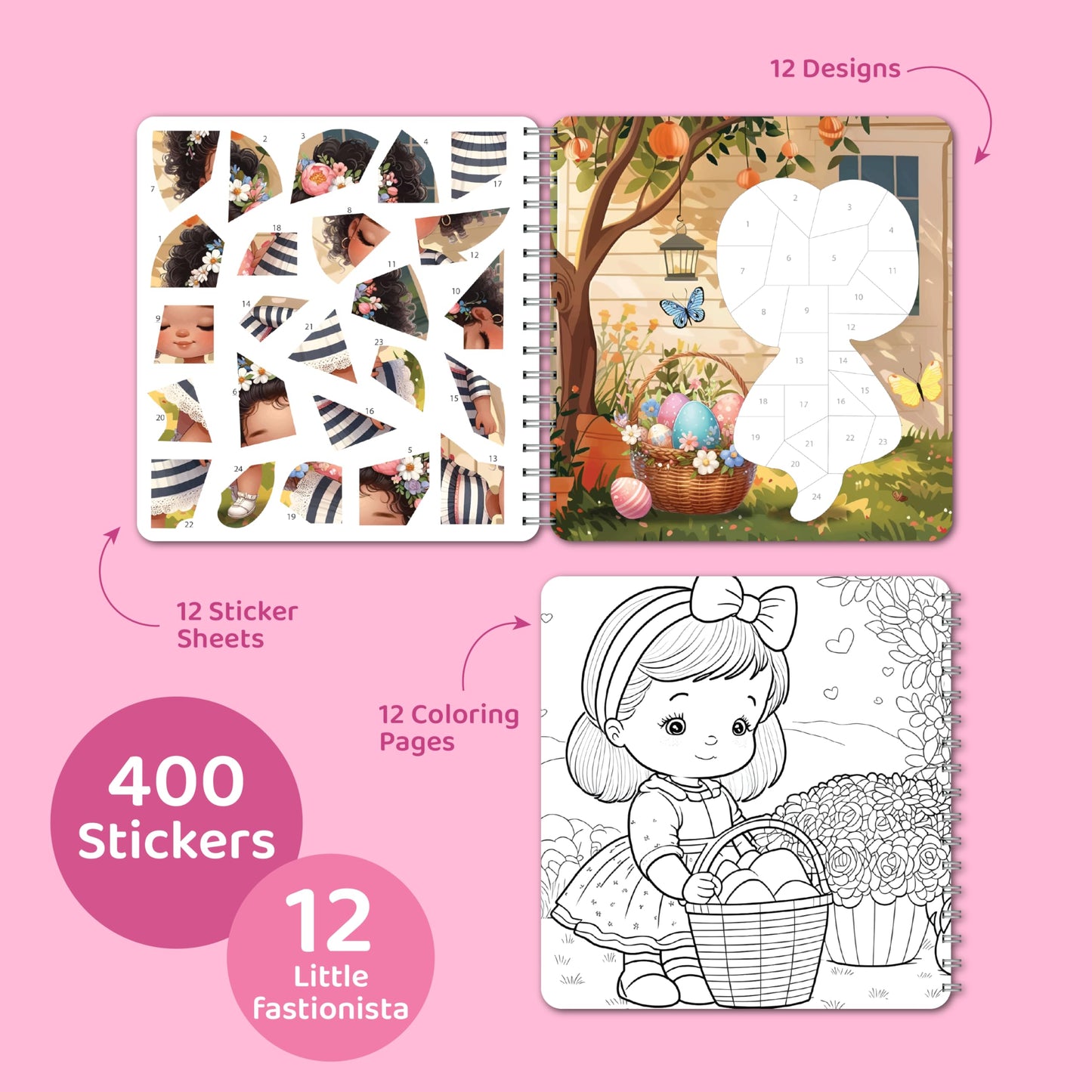 jackinthebox Sticker by Number Book - 12 Fashion Scenes, 400+ Stickers, Gift for Girls 7–10
