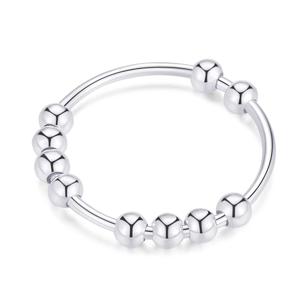 Jacruces 925 Sterling Silver Anxiety Ring – Spinner Fidget Ring for Women & Men, Bead Spinner, Size 9
