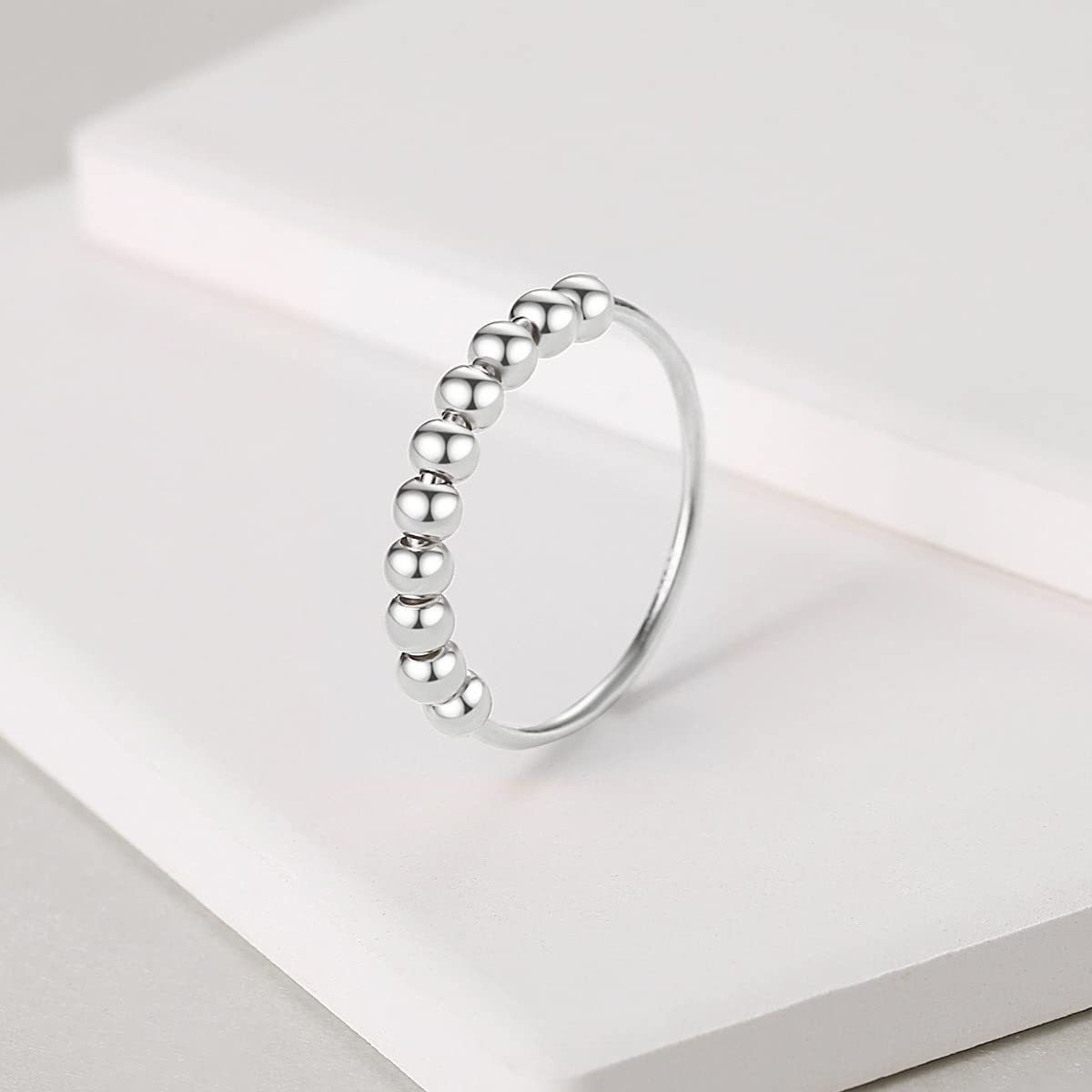 Jacruces 925 Sterling Silver Anxiety Ring – Spinner Fidget Ring for Women & Men, Bead Spinner, Size 9