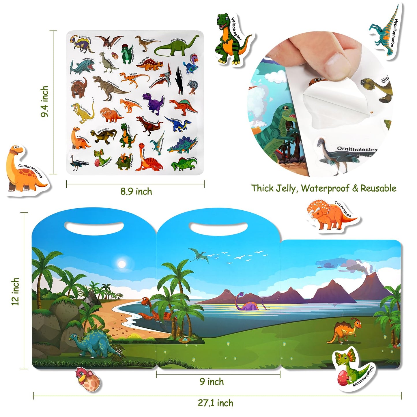 Jactales Reusable Dinosaur Sticker Book for Kids — Travel-Ready Dino Stickers for Ages 2-8
