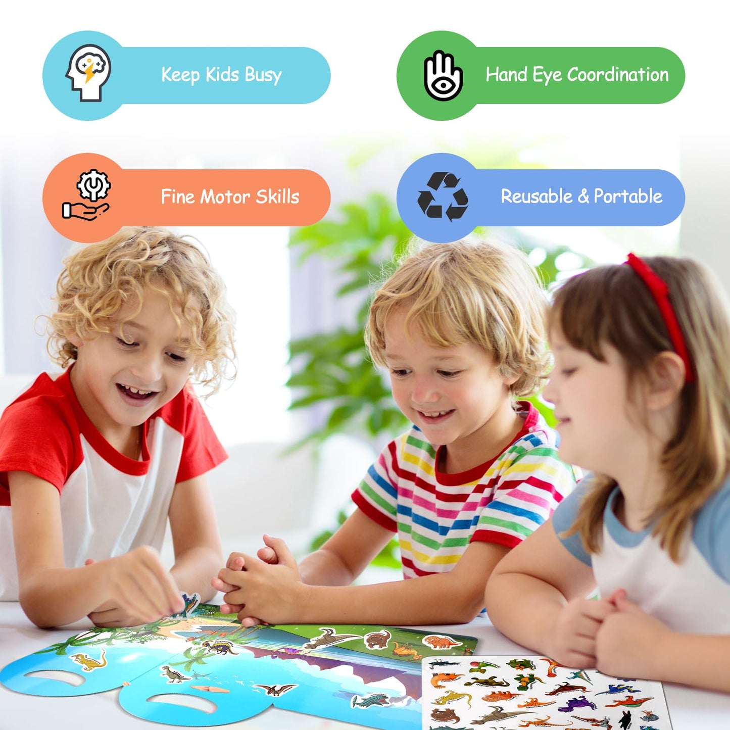 Jactales Reusable Dinosaur Sticker Book for Kids — Travel-Ready Dino Stickers for Ages 2-8