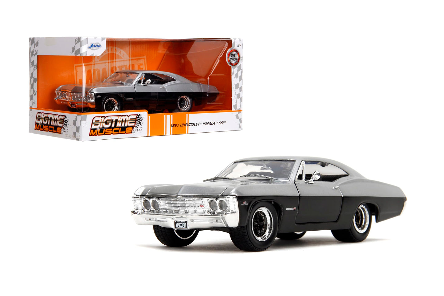 Jada Toys BigTime Muscle 1:24 1967 Chevrolet Impala SS – Opening Doors, Hood, Trunk & Rubber Tires (Candy Silver/Black)