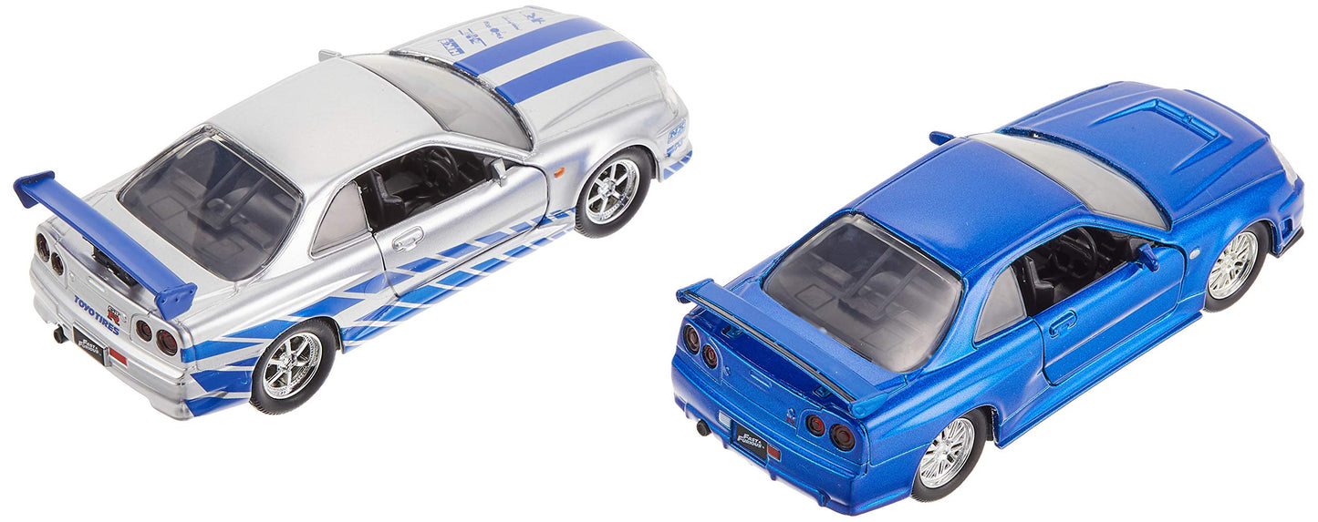 Jada Fast & Furious Brian's Nissan Skyline GT-R R34 Twin-Pack – 1:32 Die-Cast Cars (Silver & Blue)