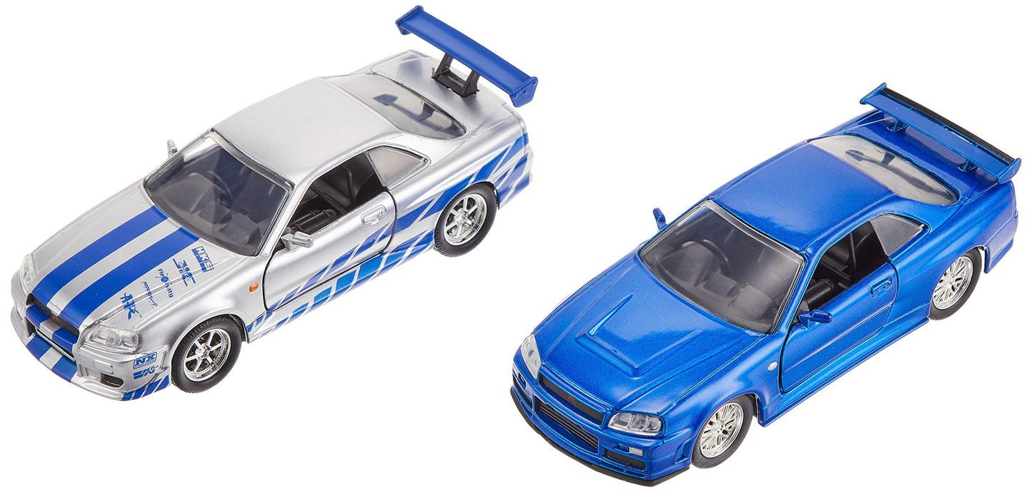 Jada Fast & Furious Brian's Nissan Skyline GT-R R34 Twin-Pack – 1:32 Die-Cast Cars (Silver & Blue)