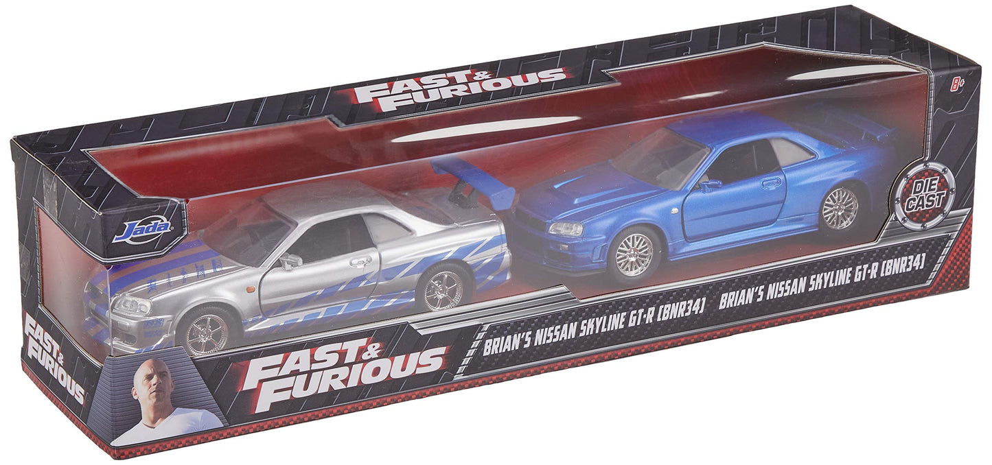 Jada Fast & Furious Brian's Nissan Skyline GT-R R34 Twin-Pack – 1:32 Die-Cast Cars (Silver & Blue)