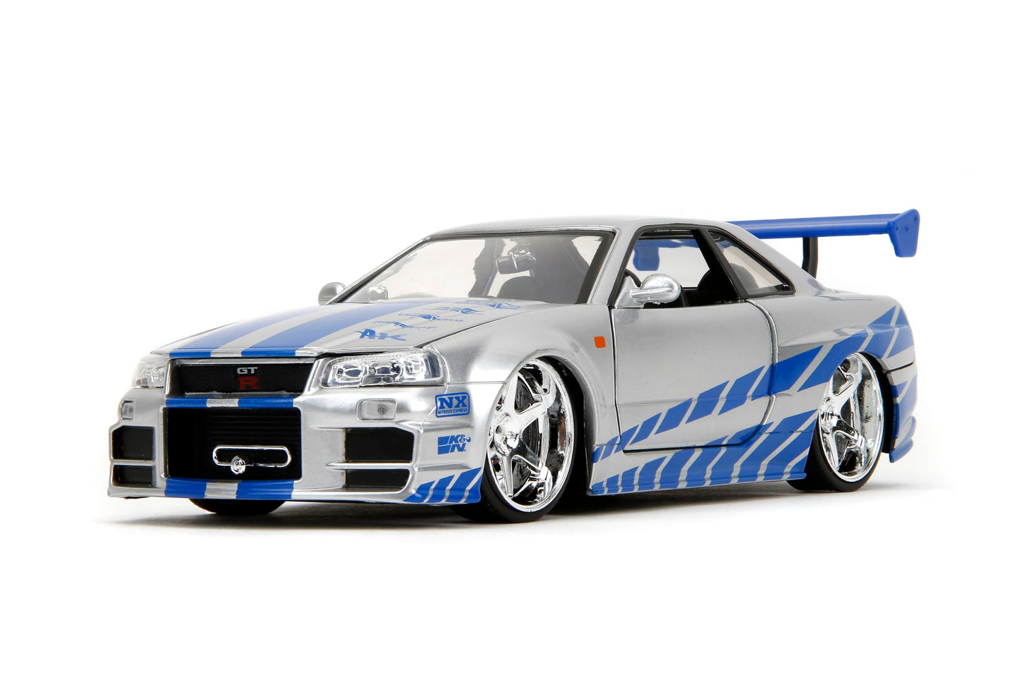 Jada Toys Fast & Furious Brian’s 2002 Nissan Skyline R34 Die-Cast Car 1:24 Scale — Silver & Blue (Licensed)