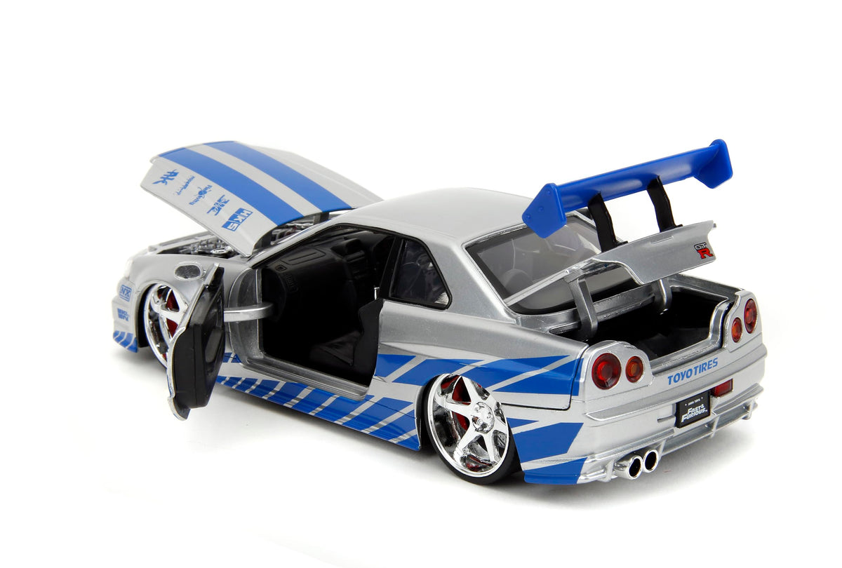Jada Toys Fast & Furious Brian’s 2002 Nissan Skyline R34 Die-Cast Car 1:24 Scale — Silver & Blue (Licensed)