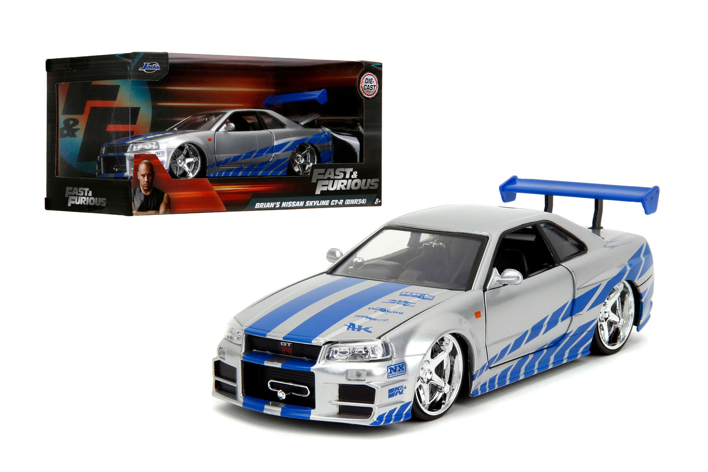 Jada Toys Fast & Furious Brian’s 2002 Nissan Skyline R34 Die-Cast Car 1:24 Scale — Silver & Blue (Licensed)