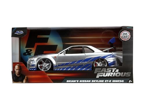 Jada Toys Fast & Furious Brian’s 2002 Nissan Skyline R34 Die-Cast Car 1:24 Scale — Silver & Blue (Licensed)
