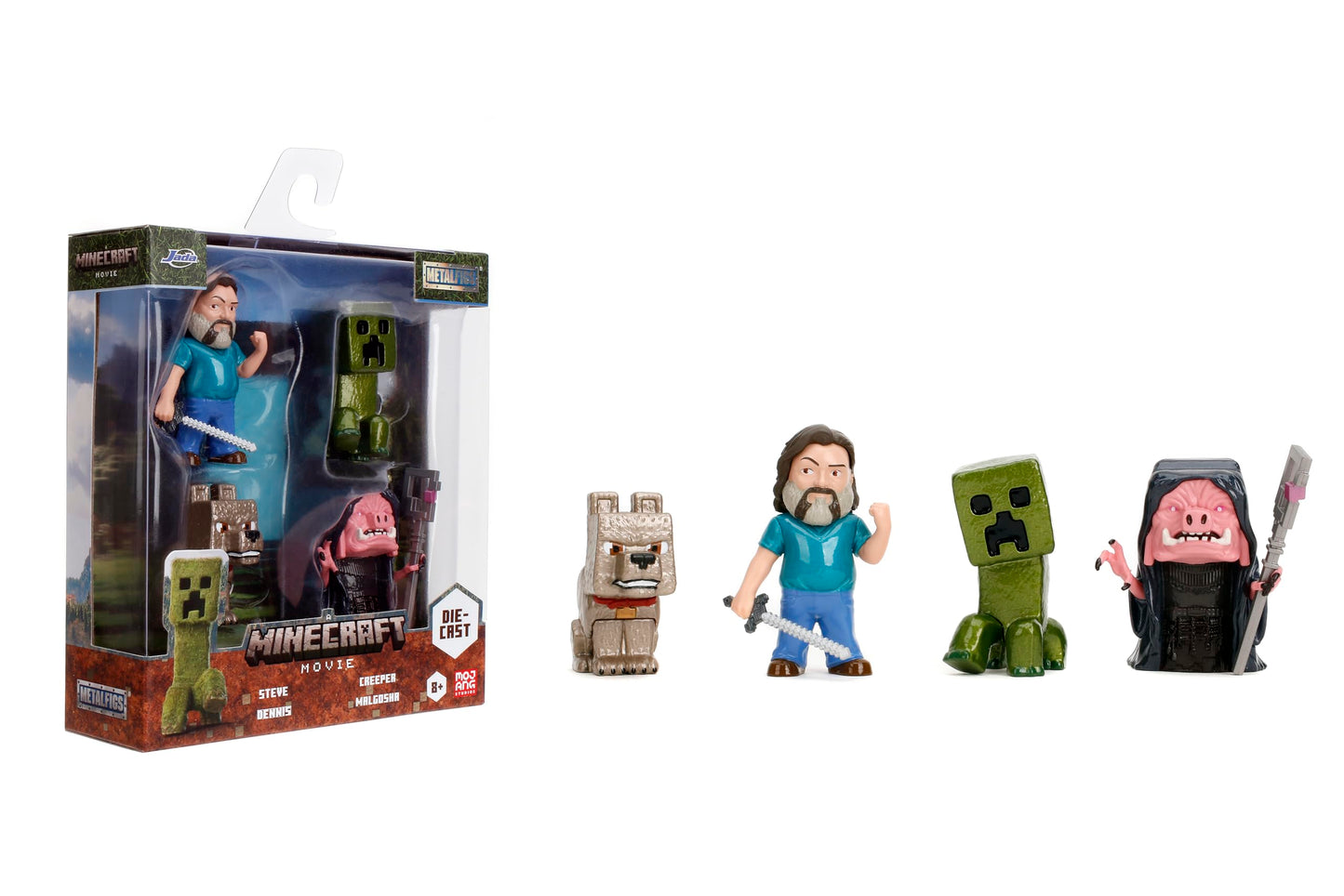 Jada Metalfigs 4-Pack: Minecraft Movie Die-Cast Figures – Steve, Wolf, Creeper, Malgohsa (2.5-Inch Collectible Set)