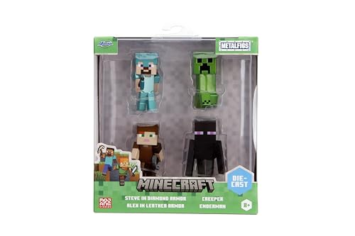 Jada Minecraft 2.5-Inch MetalFigs 4-Pack – Steve in Diamond Armor, Alex in Leather Armor, Enderman & Creeper