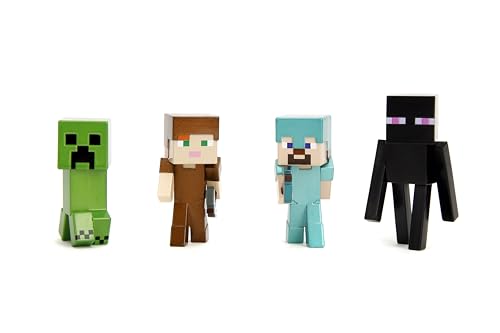 Jada Minecraft 2.5-Inch MetalFigs 4-Pack – Steve in Diamond Armor, Alex in Leather Armor, Enderman & Creeper