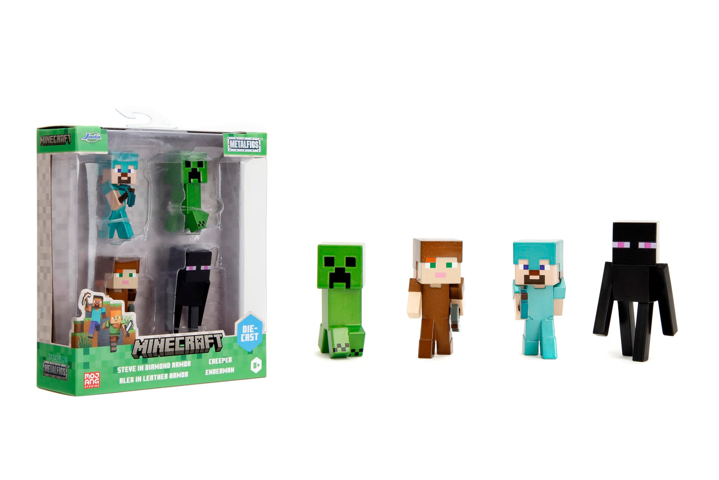Jada Minecraft 2.5-Inch MetalFigs 4-Pack – Steve in Diamond Armor, Alex in Leather Armor, Enderman & Creeper