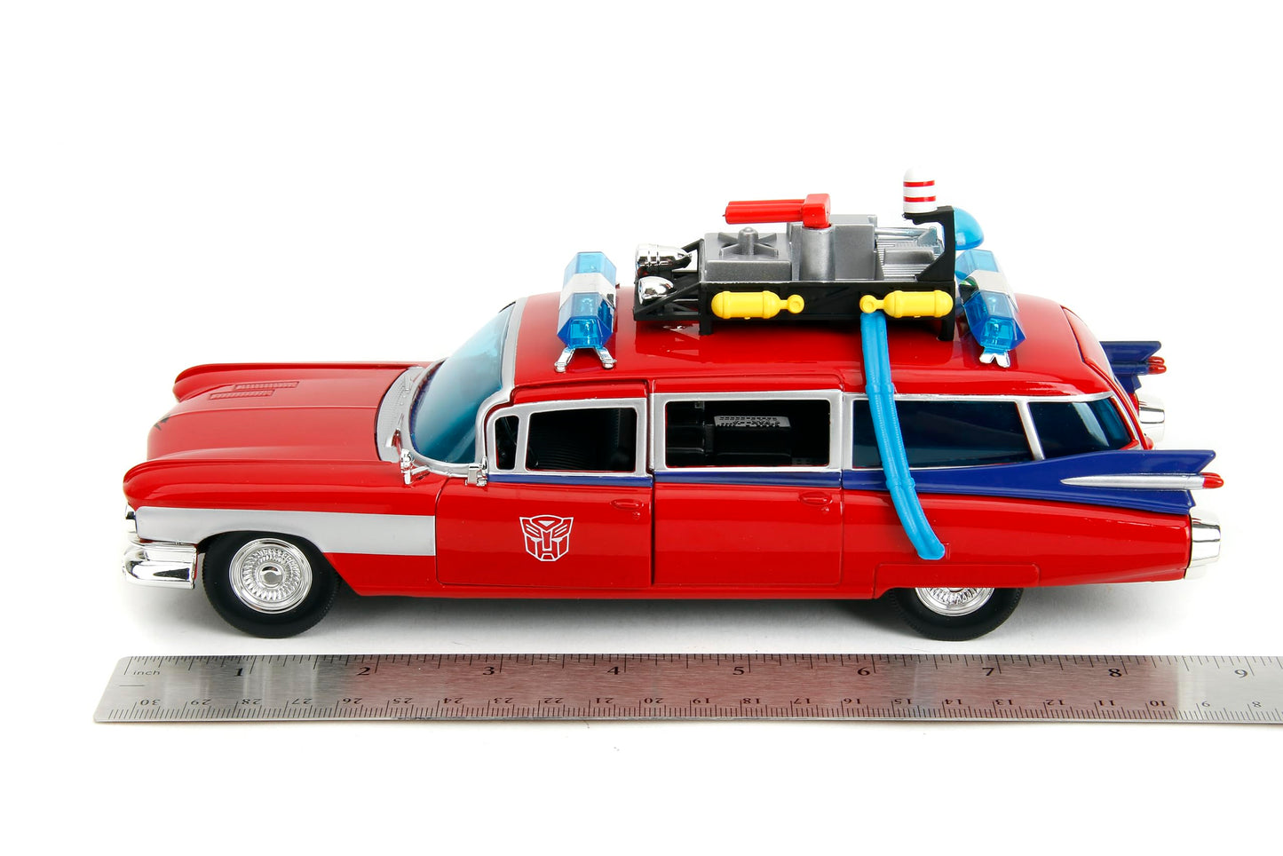 Jada Toys 1:24 Ghostbusters Ecto-1 Mashup with Optimus Prime G1 Graphics – Die-Cast Collectible