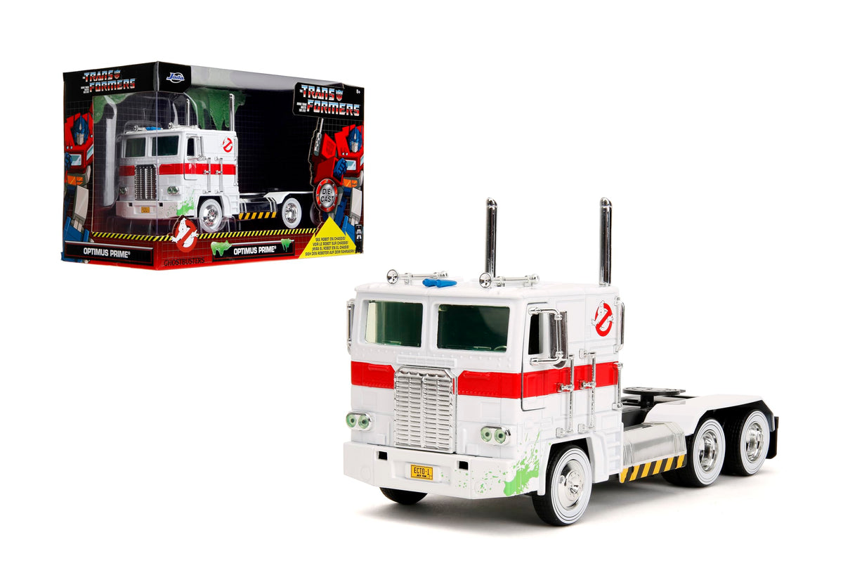 Jada Toys Transformers G1 Optimus Prime Big Rig with Ghostbusters Ecto-1 Graphics - 1:24 Die-Cast