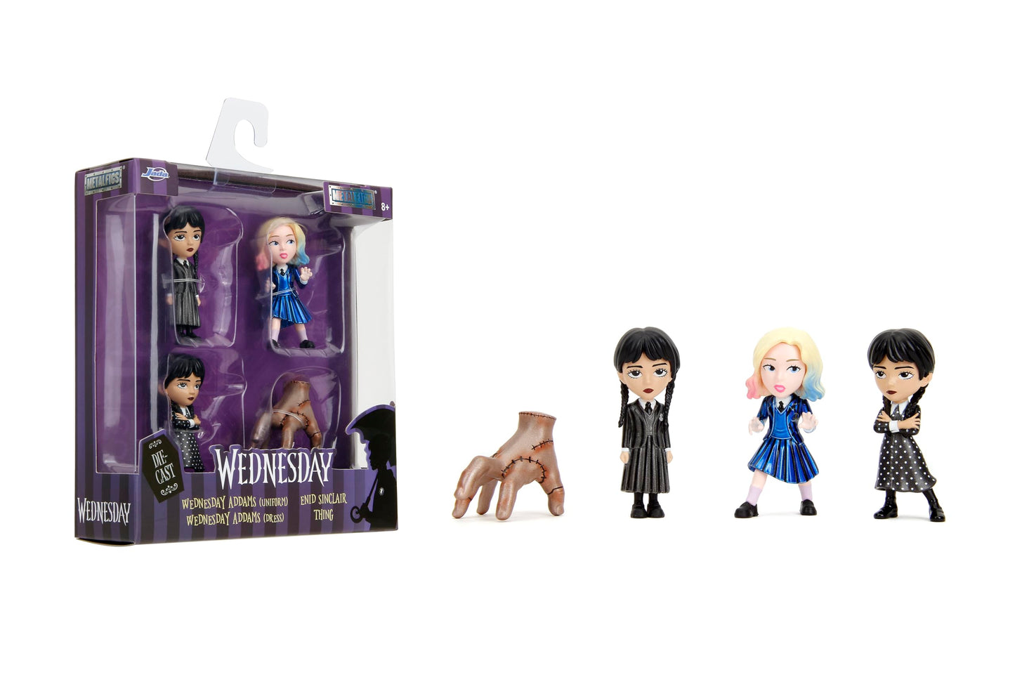 Jada Wednesday 2.5" Metalfigs 4-Pack – Durable Die-Cast Collectibles (Wednesday Uniform & Dress, Enid, Thing)