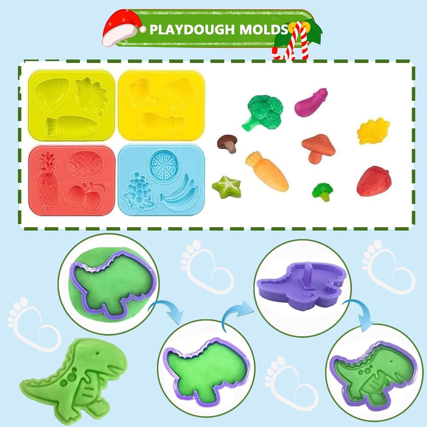 Jaeespon Dough Tools Play for Kids – Dinosaur Molds, Rollers, Cutters & Storage Box