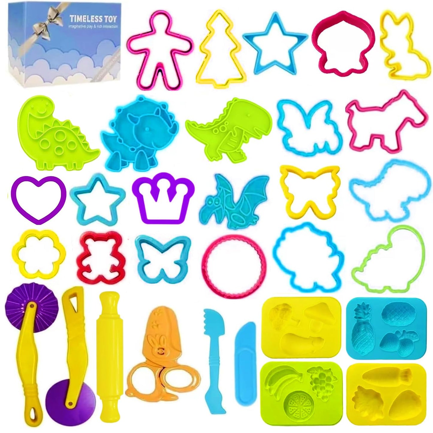 Jaeespon Dough Tools Play for Kids – Dinosaur Molds, Rollers, Cutters & Storage Box