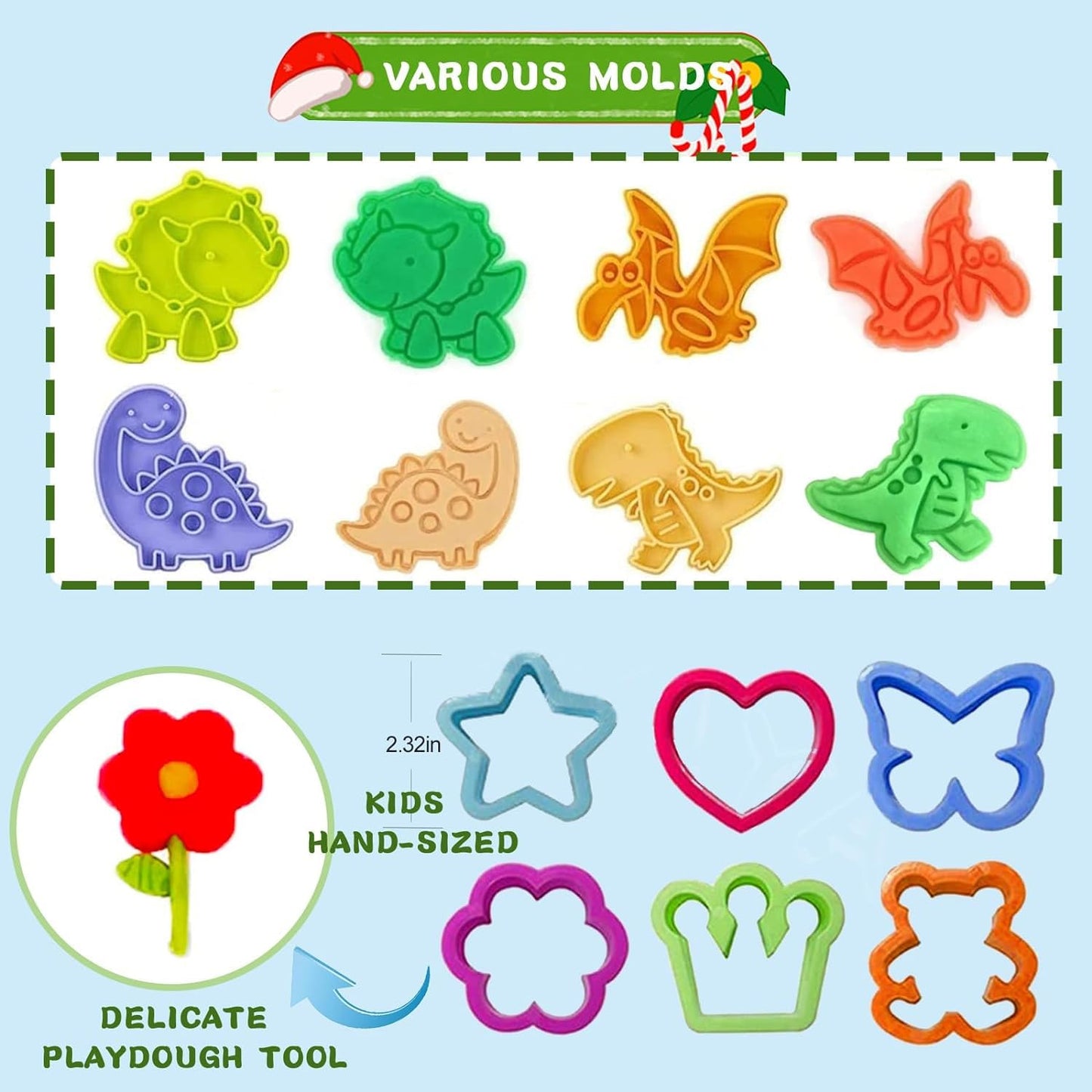 Jaeespon Dough Tools Play for Kids – Dinosaur Molds, Rollers, Cutters & Storage Box