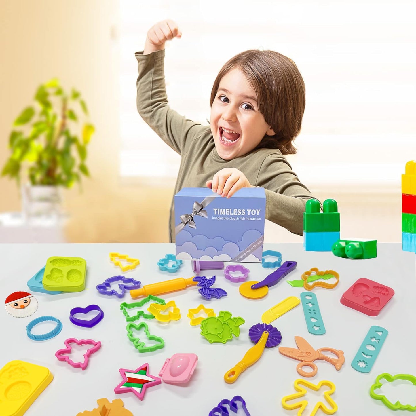 Jaeespon Dough Tools Play for Kids – Dinosaur Molds, Rollers, Cutters & Storage Box