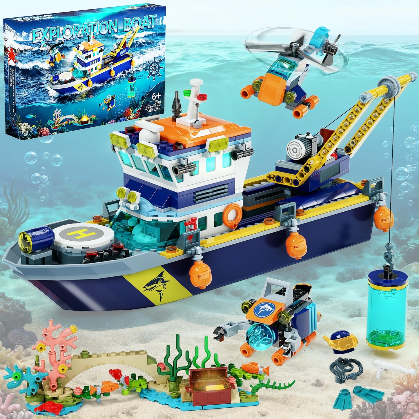 JAEUZKJYDA City Floatable Boat Building Set with LED Light – Ocean Explorer Ship Kit for Kids 6+
