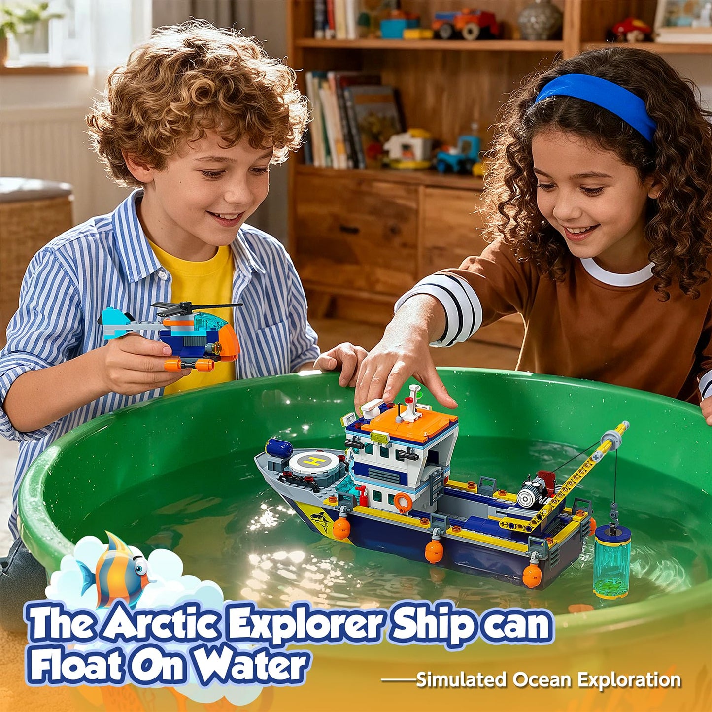 JAEUZKJYDA City Floatable Boat Building Set with LED Light – Ocean Explorer Ship Kit for Kids 6+