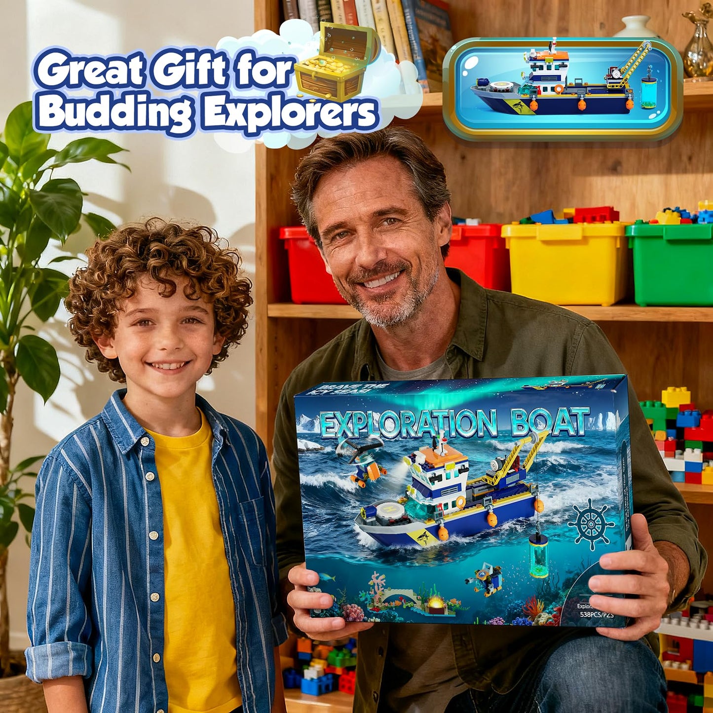 JAEUZKJYDA City Floatable Boat Building Set with LED Light – Ocean Explorer Ship Kit for Kids 6+