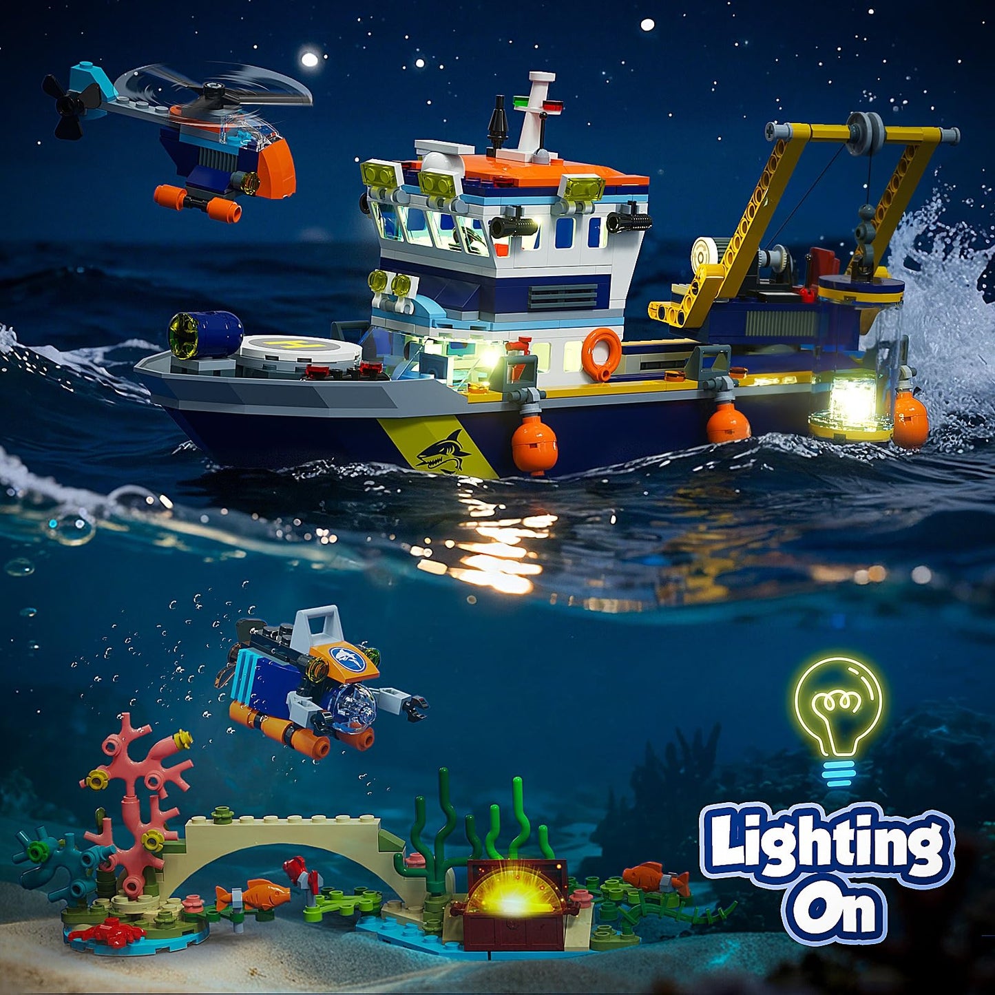 JAEUZKJYDA City Floatable Boat Building Set with LED Light – Ocean Explorer Ship Kit for Kids 6+