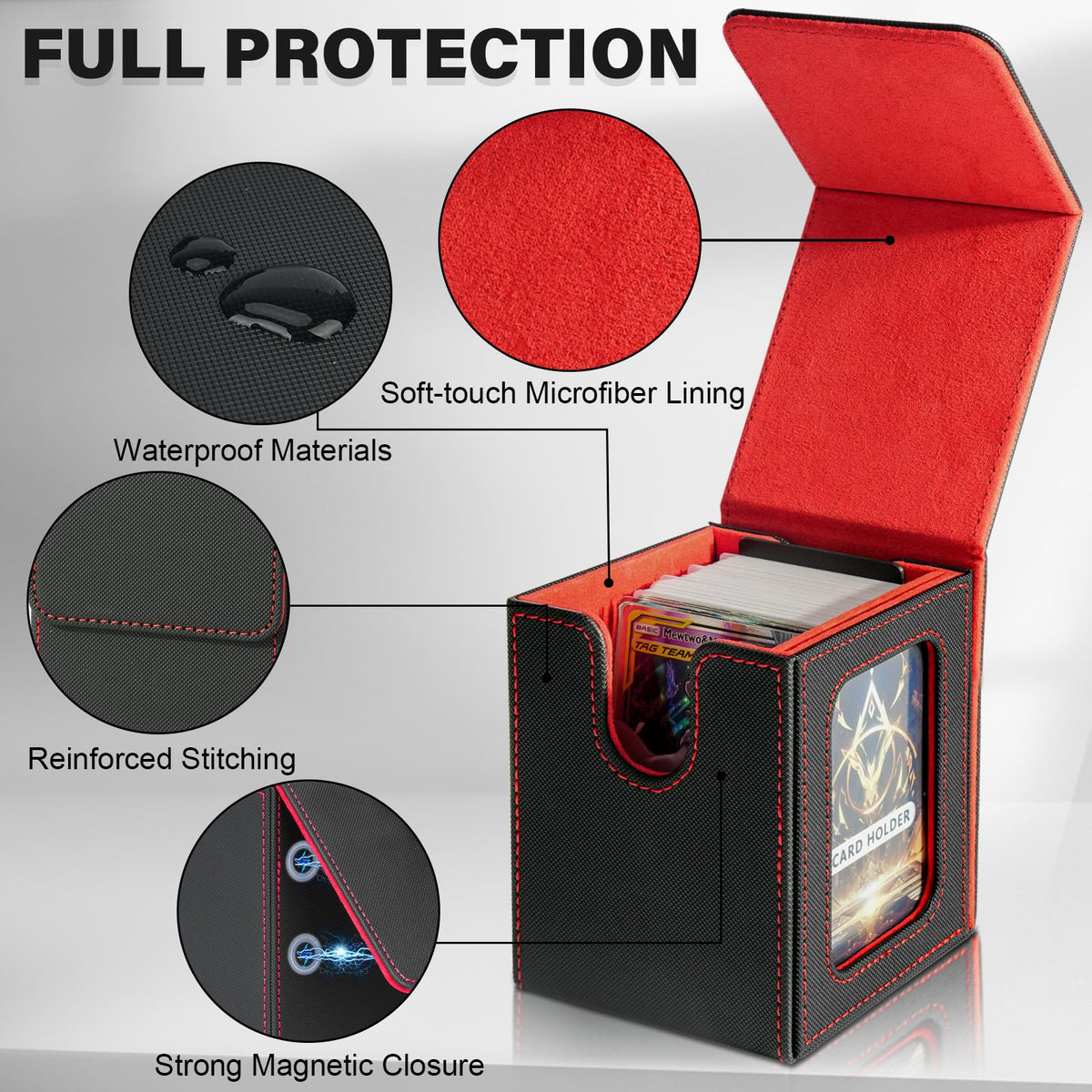Jaffzora Card Deck Box for MTG Commander — Magnetic Case, 100 Double-Sleeve Capacity, Black & Red