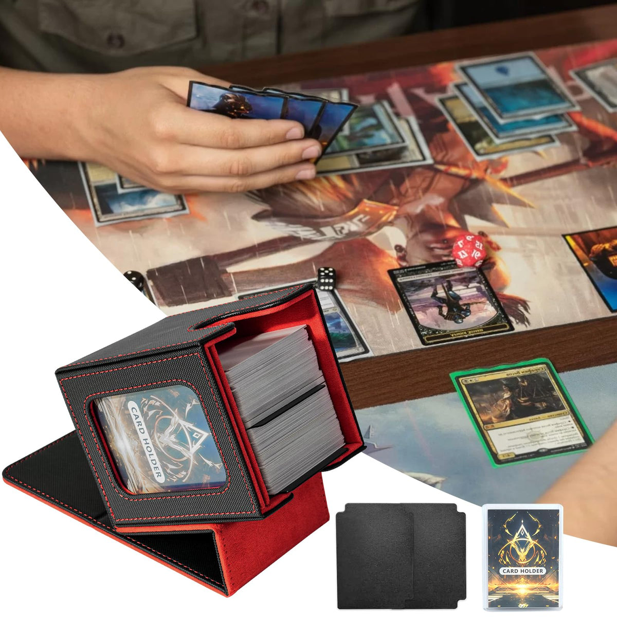 Jaffzora Card Deck Box for MTG Commander — Magnetic Case, 100 Double-Sleeve Capacity, Black & Red